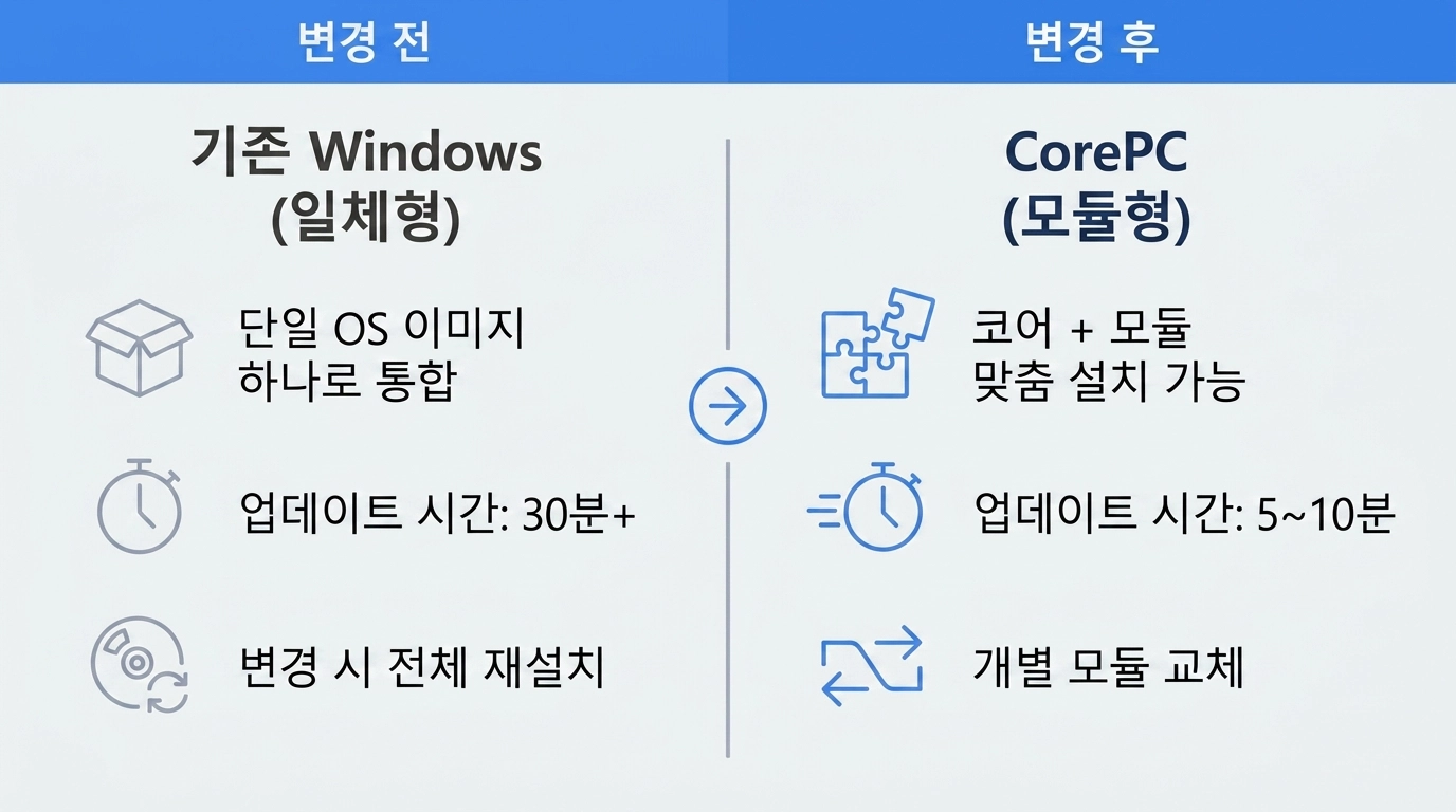 윈도우12 CorePC 모듈형 아키텍처와 기존 윈도우 일체형 구조를 좌우 비교한 인포그래픽