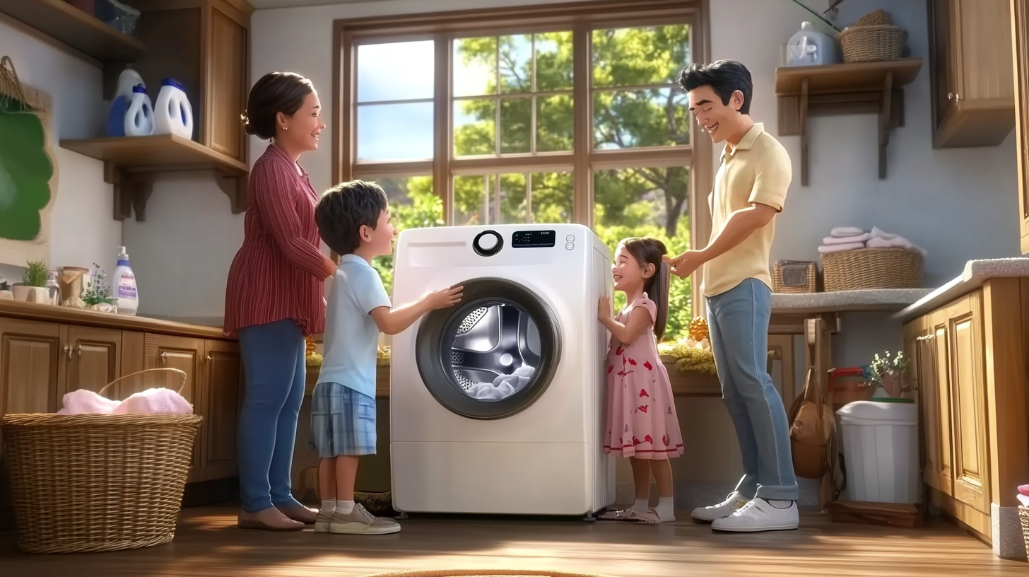 다양한 세탁 모드를 제공하는 삼성 WF2420HCWWC를 감상하는 다양한 가족 구성원의 따뜻하고 아늑한 세탁실 풍경