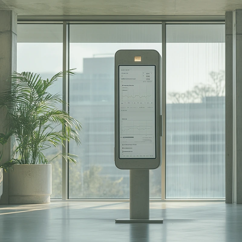 세련된 사무실 환경에서 디지털 화면에 표시된 국내 상장 미국 ETF의 비교 차트, 자연 채광이 내용의 명확성과 정확성을 강조하며 차분하고 집중된 분위기를 조성한다. 투자 정보, 금융 차트, 데이터 분석.