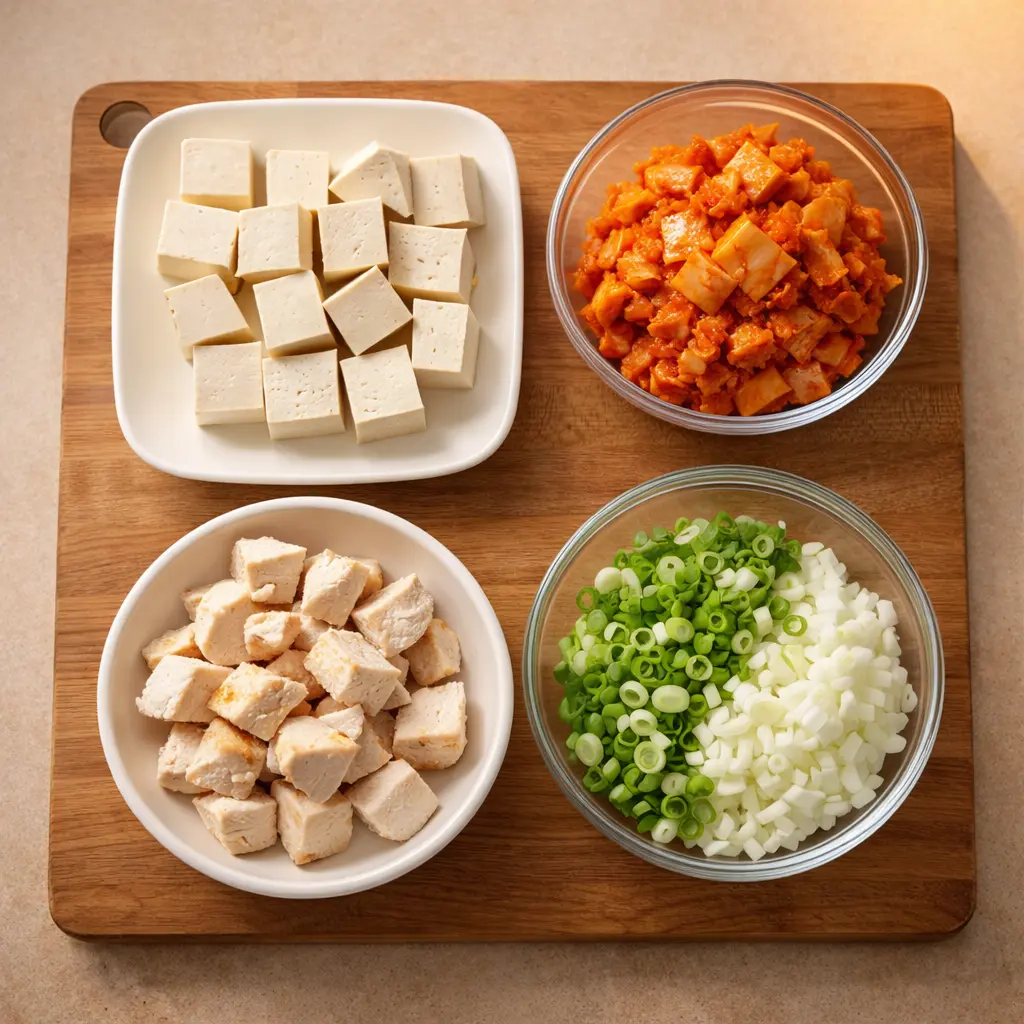 닭가슴살 150g, 김치 150g, 두부 1/2모와 대파&middot;양파&middot;양념을 1인분으로 계량해 놓은 재료 구성