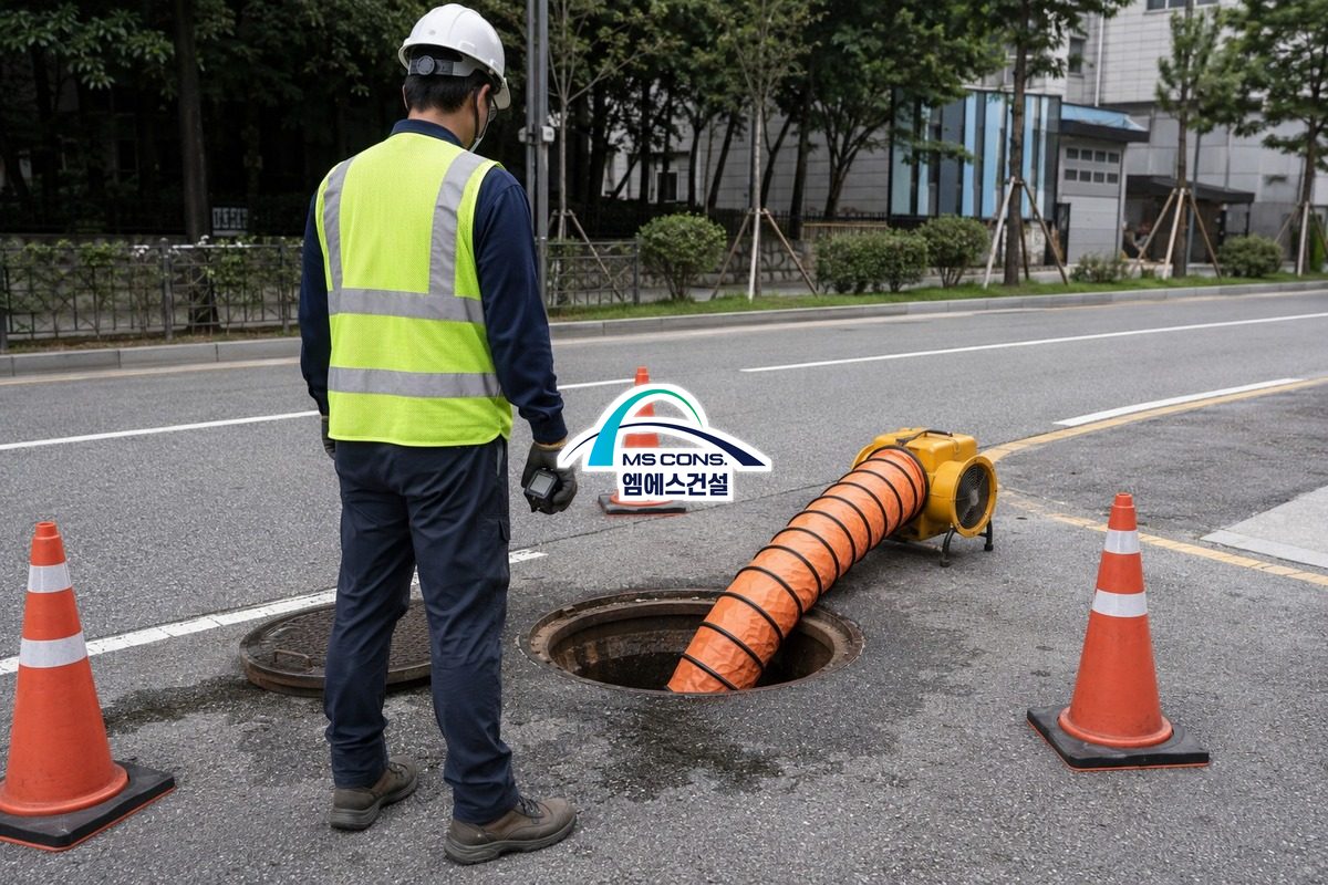 도로 위 맨홀 개방 작업, 송풍기와 가스 측정기가 함께 놓인 현장