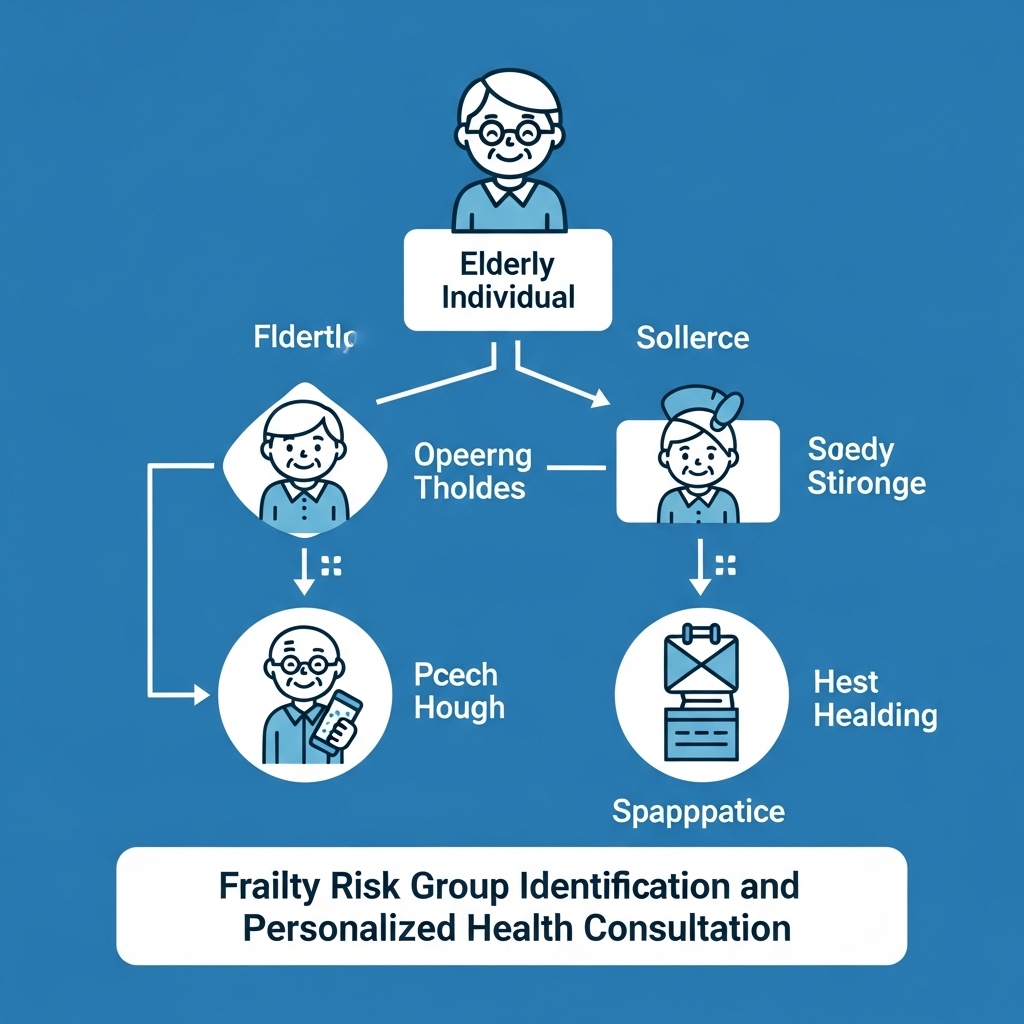 어르신이 의료 전문가에게 허약 선별 검사를 받고 개인 맞춤형 건강 상담을 받는 과정을 시각화한 플로우차트.