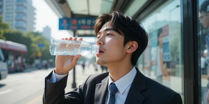 더운 날 정류장에서 물을 마시며 땀 흘리는 직장인