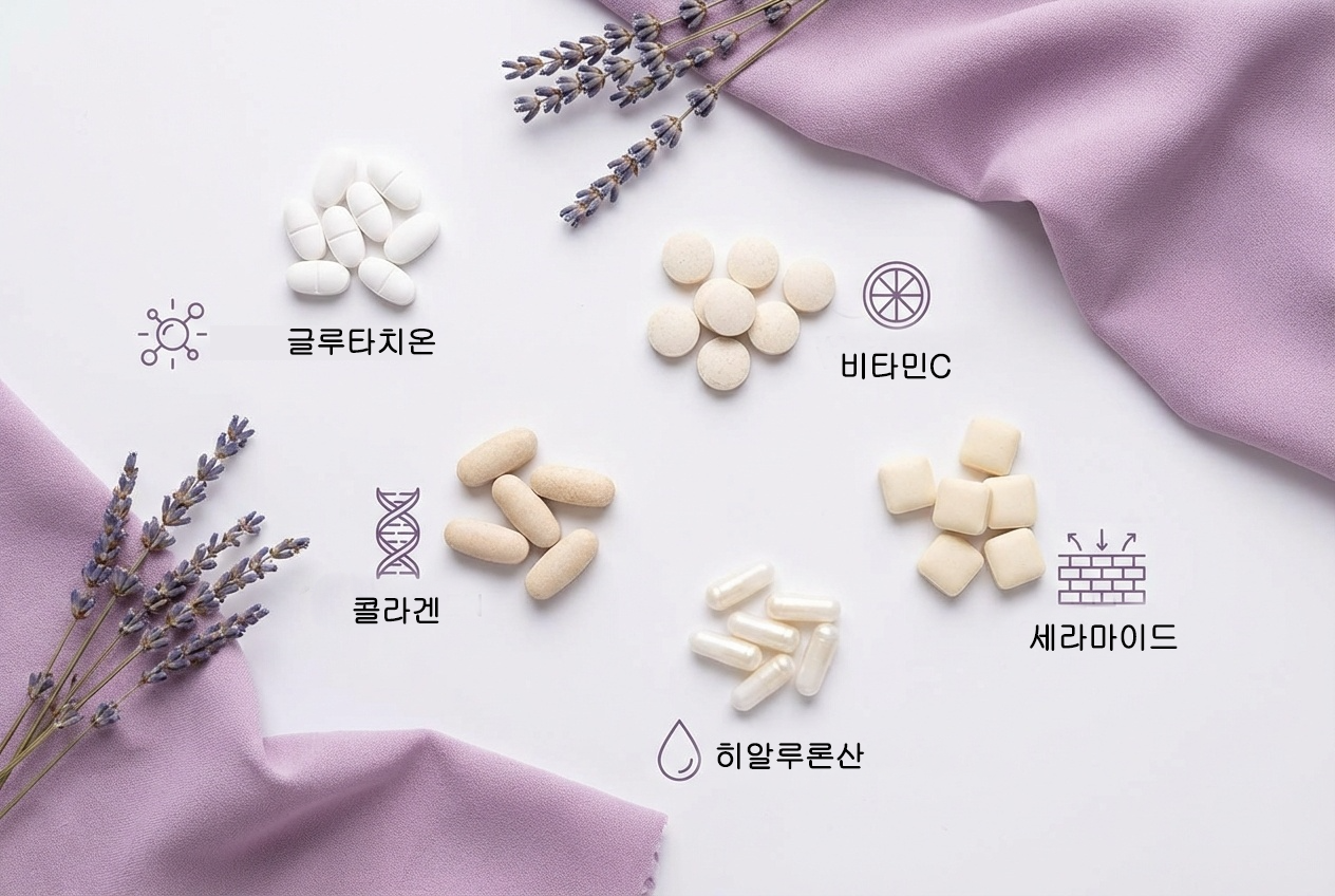 글루타치온&middot;비타민C&middot;콜라겐&middot;히알루론산 등이 적힌 아이콘이 함께 배치된 피부 영양 성분 인포그래픽