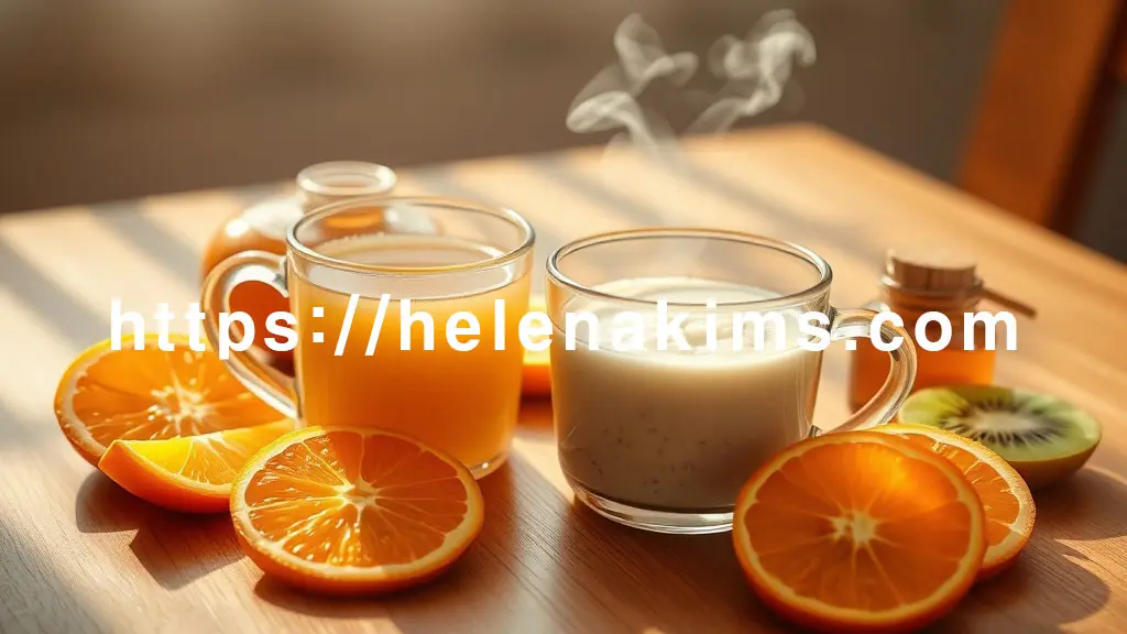 따뜻한 원목 테이블 위, 김이 모락모락 나는 투명한 꿀차 머그컵과 작은 그릇에 담긴 부드러운 죽이 놓여 있고, 그 주변에는 싱싱한 오렌지, 키위, 귤 조각들이 예쁘게 배치되어 있으며, 작은 꿀 단지도 함께 보인다