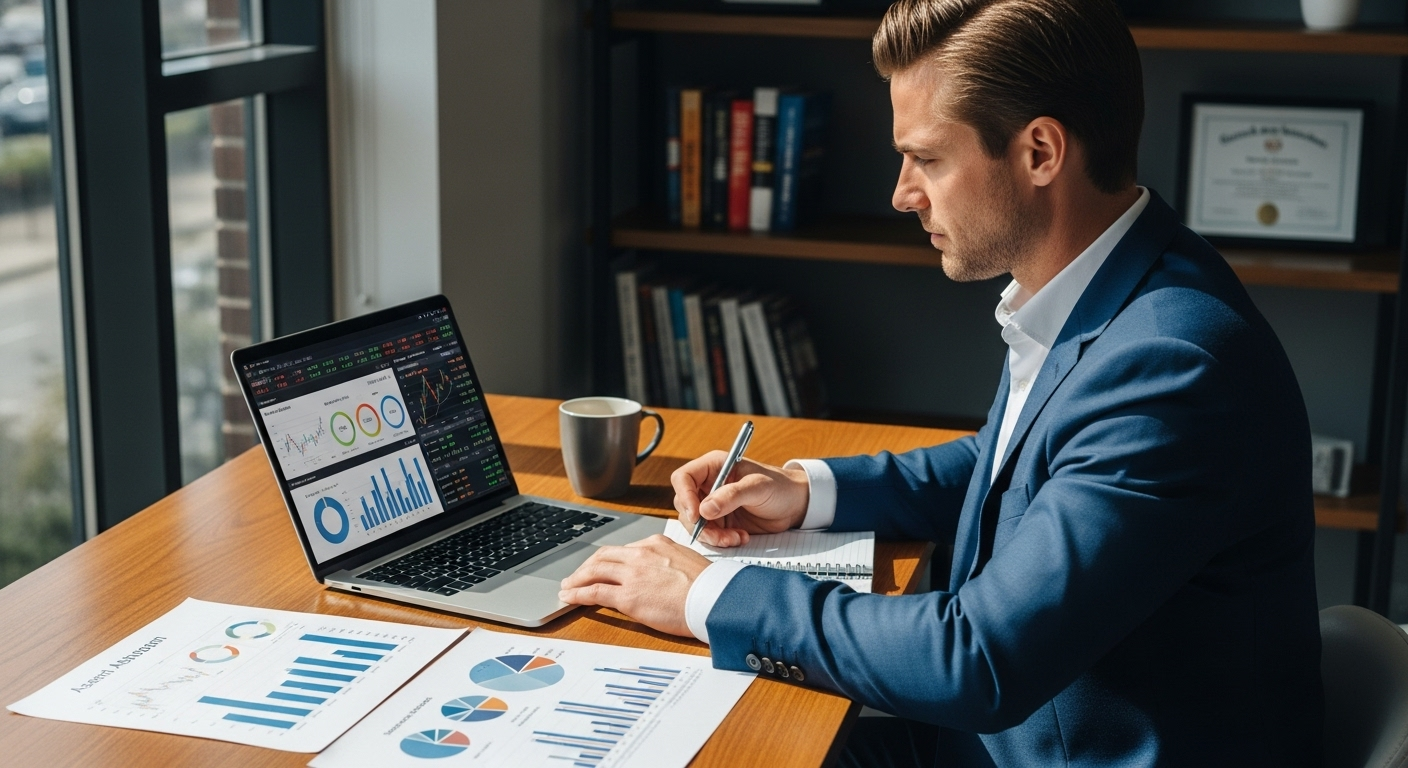 주식, 채권, ETF 등 다양한 자산에 분산 투자하는 재무 설계자의 모습