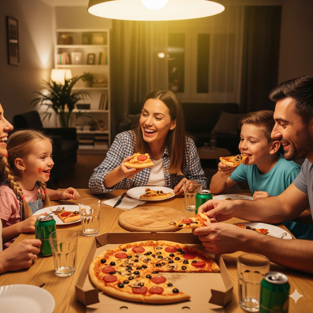 피자를 맛있게 먹는 가족의 모습