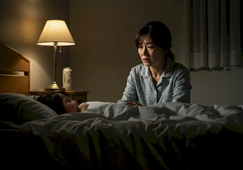 늦은 밤 아이의 기침 소리에 잠 못 이루고 걱정하는 부모의 불안한 표정과 지친 모습이 사실적으로 묘사된 사진