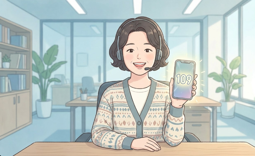 스마트폰 화면에 109 번호가 크게 빛나며 친절한 상담원과 연결되는 모습