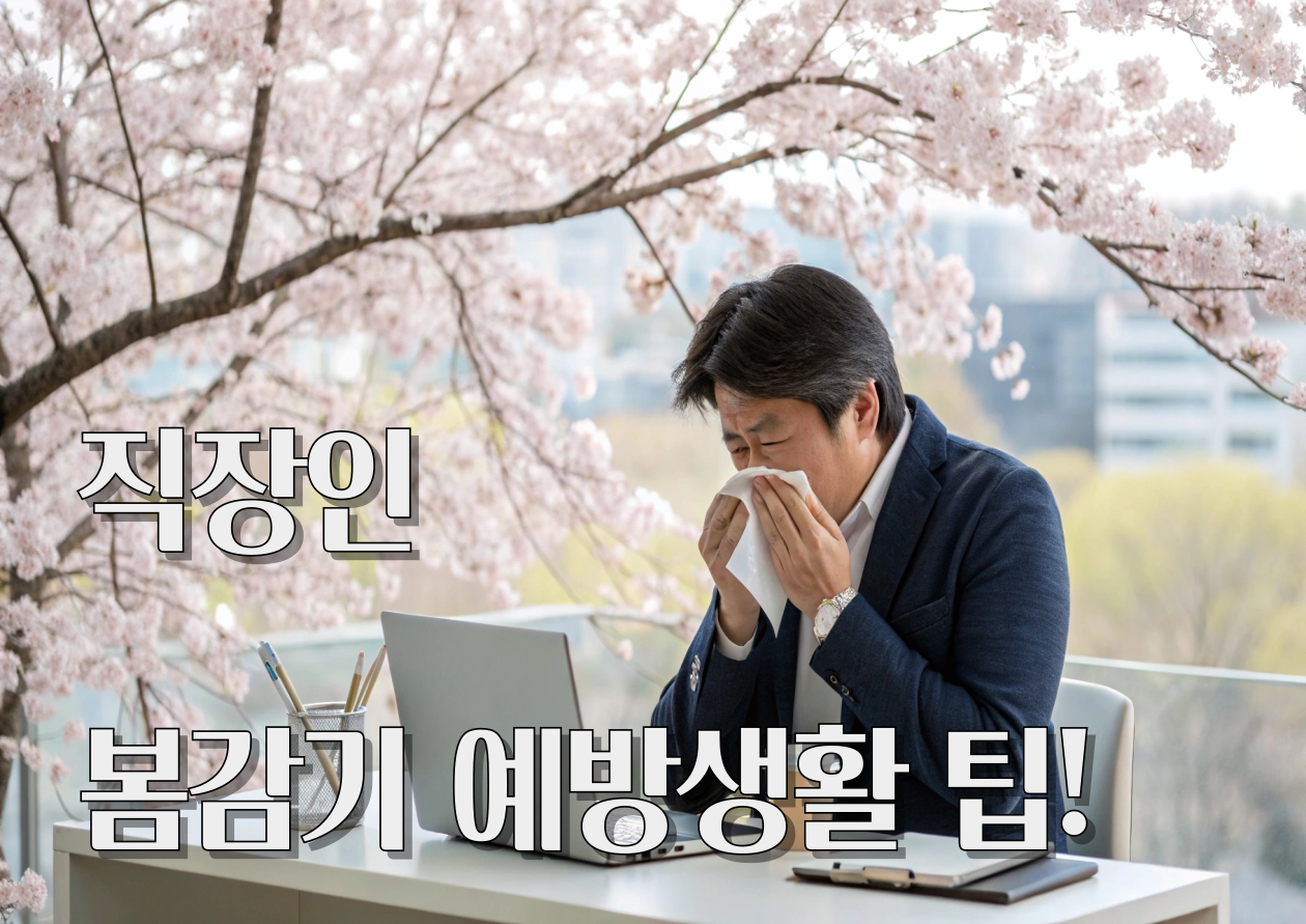 봄철 감기로 고생하는 직원 이미지