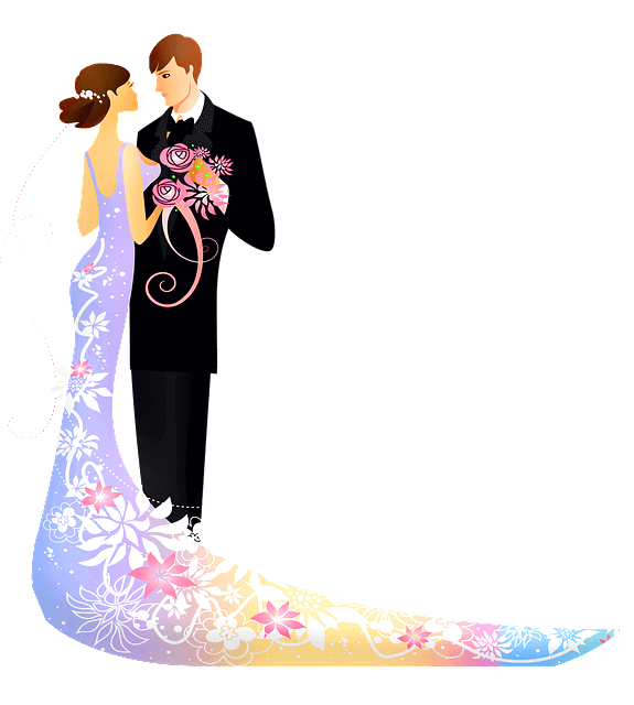 결혼한 부부가 함께 춤을 춘다. 여자는 올림머리와 하늘색 나시 드레스를 입었고, 남자는 검정 정장을 입었다.