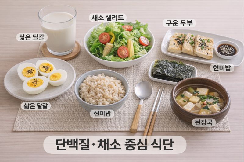 삶은 달걀, 구운 두부, 신선한 채소 샐러드, 소량의 현미밥과 된장국으로 구성된 다이어트용 한식 식단