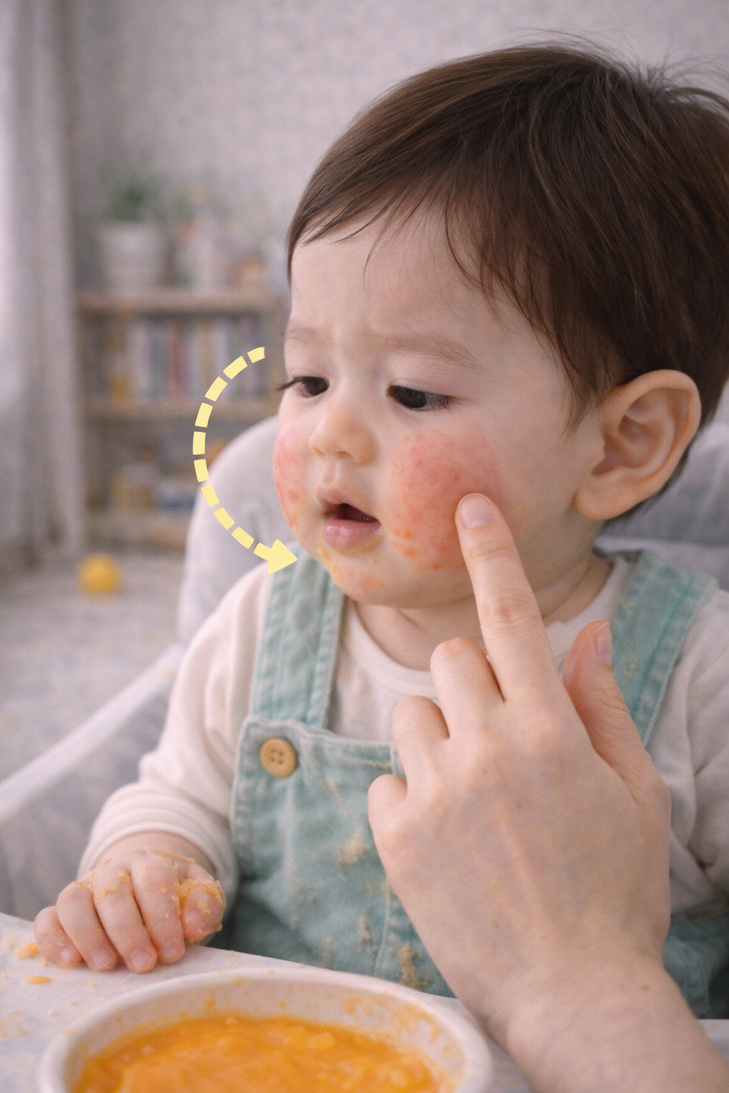 영아전환기 이유식을 먹은 후 피부 반응을 보이며 변화를 확인하는 아기 모습