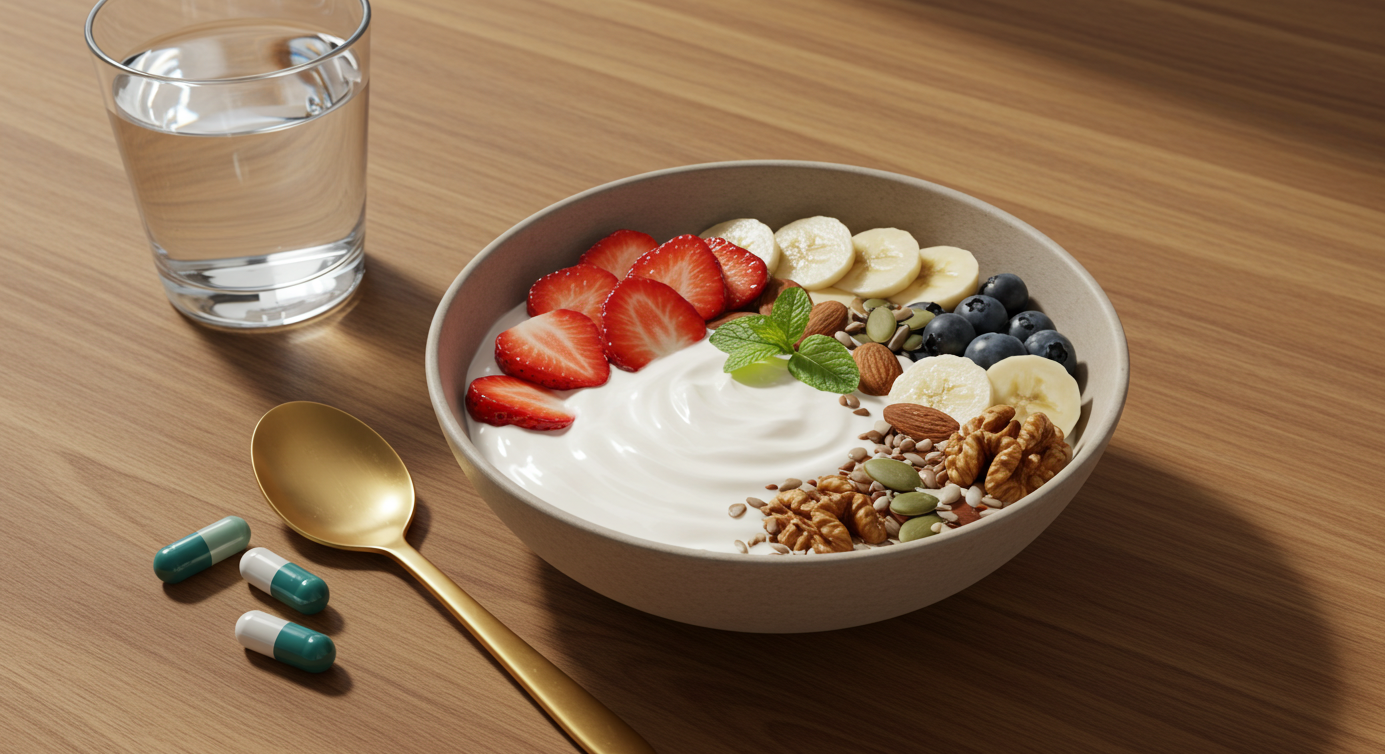 식탁 위에 과일이 올려진 요거트 볼과 물이 담긴 물컵, 유산균 알약이 올려져 있다.
