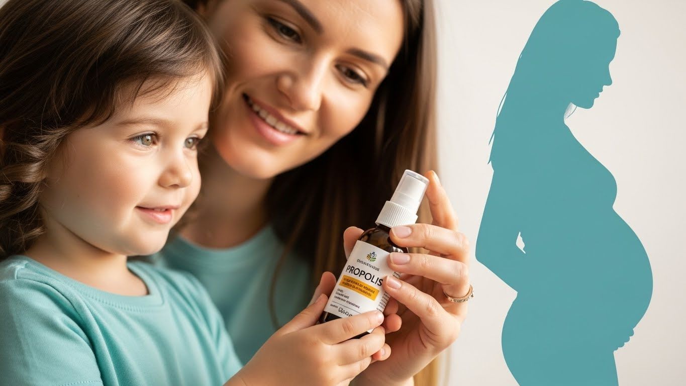 프로폴리스 스프레이 병을 들고 아이의 손을 부드럽게 안내하는 부드럽고 따뜻한 이미지는 민감한 그룹에게 안전하고 감독적인 사용을 암시합니다.