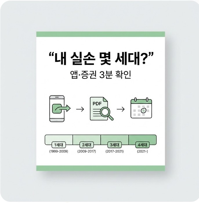보험사 앱과 보험증권(PDF)로 실손보험 세대를 확인하는 3단계 절차를 정리한 인포그래픽