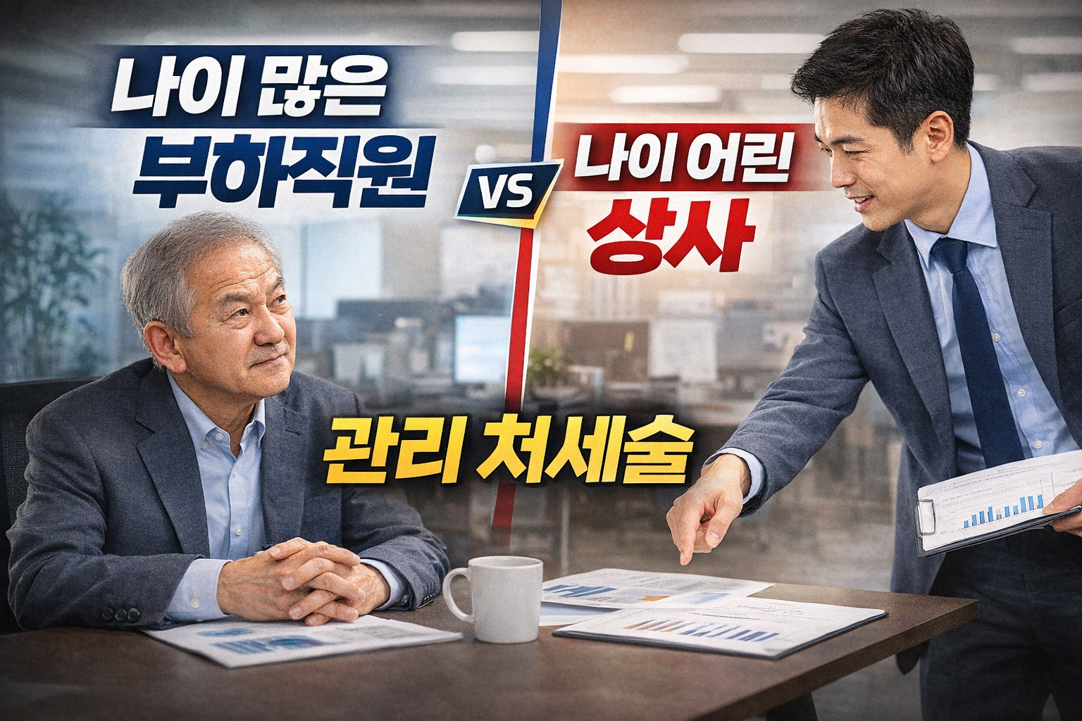 나이 많은 부하직원과 나이 어린 상사의 직장 내 관계를 보여주는 장면