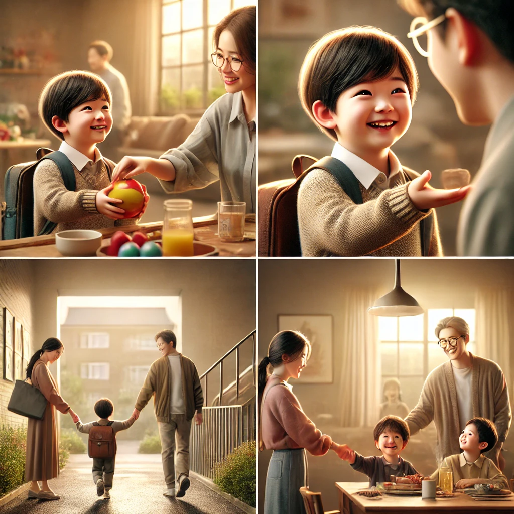 가족이 아이의 다정한 행동을 지켜보며 응원하는 모습을 담고 있습니다. 부모의 사랑과 자부심이 표현된 아늑한 장면이 중심입니다.