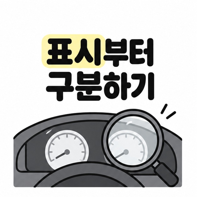 표시를 구분하자는 문구와 계기판을 확인하는 돋보기 일러스트