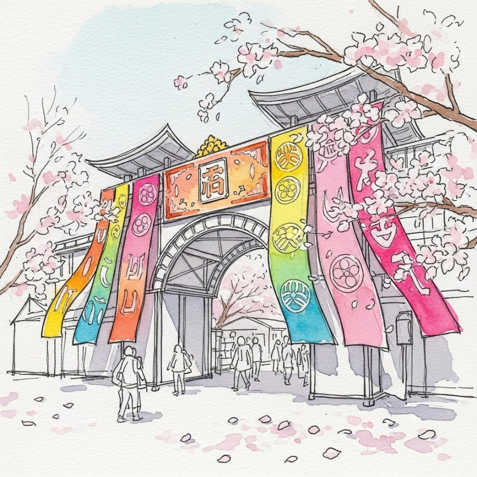 화사한 꽃들과 축제 현장의 입구를 묘사한 수채화