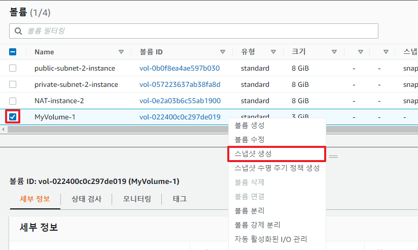 EBS 볼륨의 스냅샷 생성