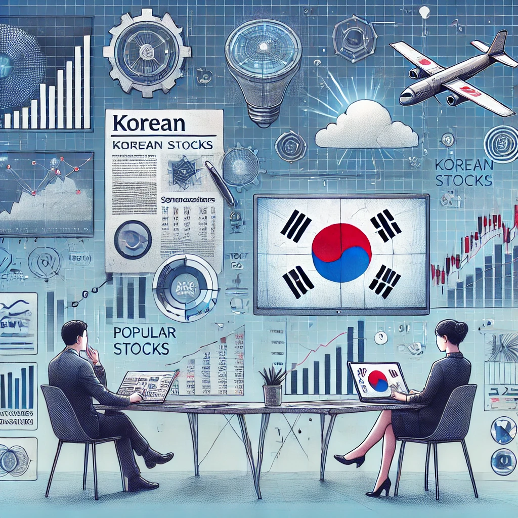 한국 주식 종목을 분석 중인 투자자들과 반도체, 방산 등 인기 섹터를 상징하는 차트 일러스트