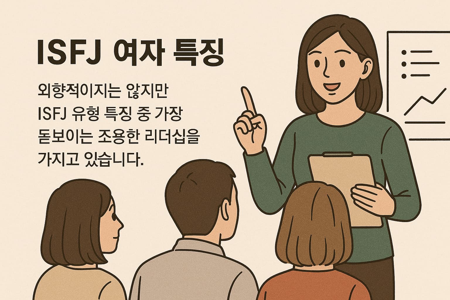 회의 중 발표하는 ISFJ 여성 리더와