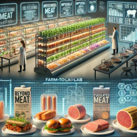 A shelf of various plant-based meat products (e.g., Beyond Meat, Impossible Foods) in a supermarket
A laboratory setting where scientists test cell-based meats or analyze flavor profiles
A restaurant’s menu highlighting cultivated meat dishes alongside traditional options
Farm-to-lab pipeline illustration: from livestock or plant-based proteins to final alternative meat products