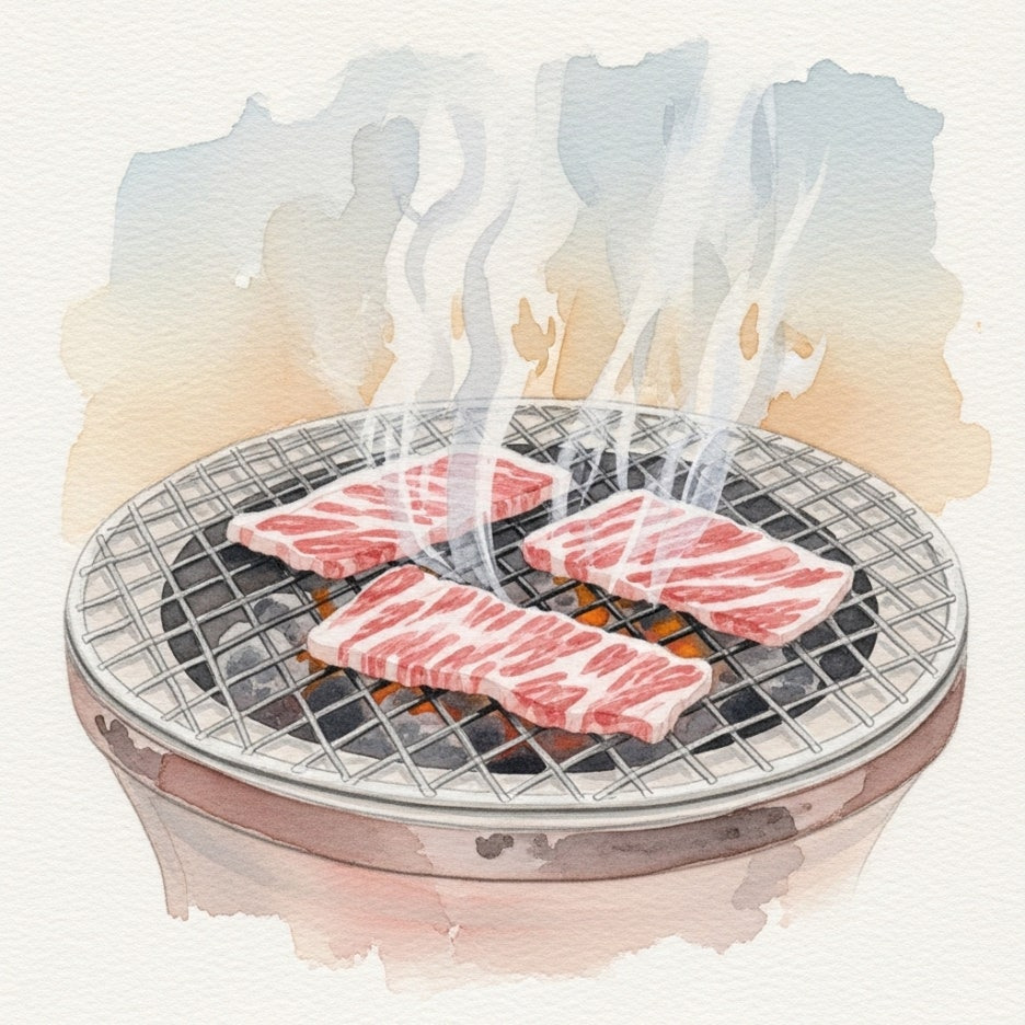 화로 위에서 익어가는 신선한 소고기