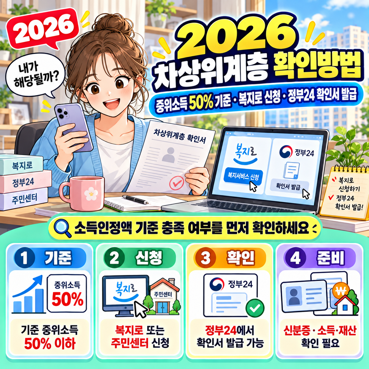 2026 차상위계층 확인방법 ❘ 중위소득 50% 기준&middot;복지로 신청&middot;정부24 확인서 발급