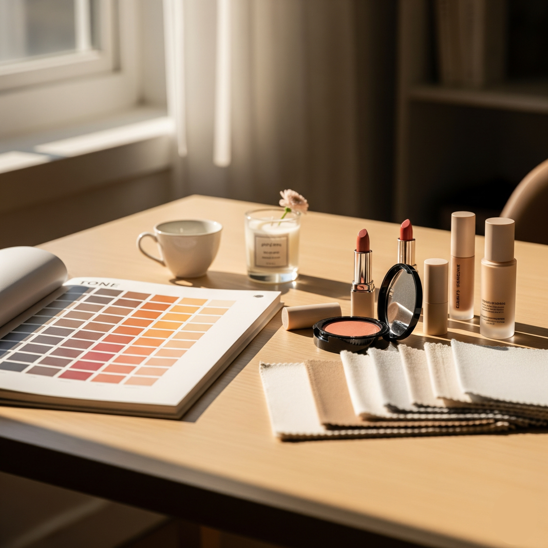 KS 색조표와 화장품이 창가 테이블 위에 놓여 따뜻한 감성을 전하는 대표 이미지입니다.