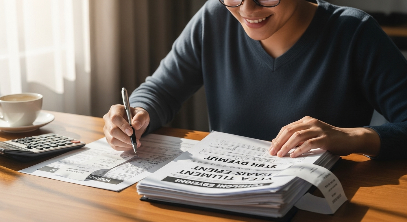 안경을 쓰고 연말정산 서류를 보며 미소 짓는 사람의 모습. 손에는 '세액공제' 서류가 들려 있음