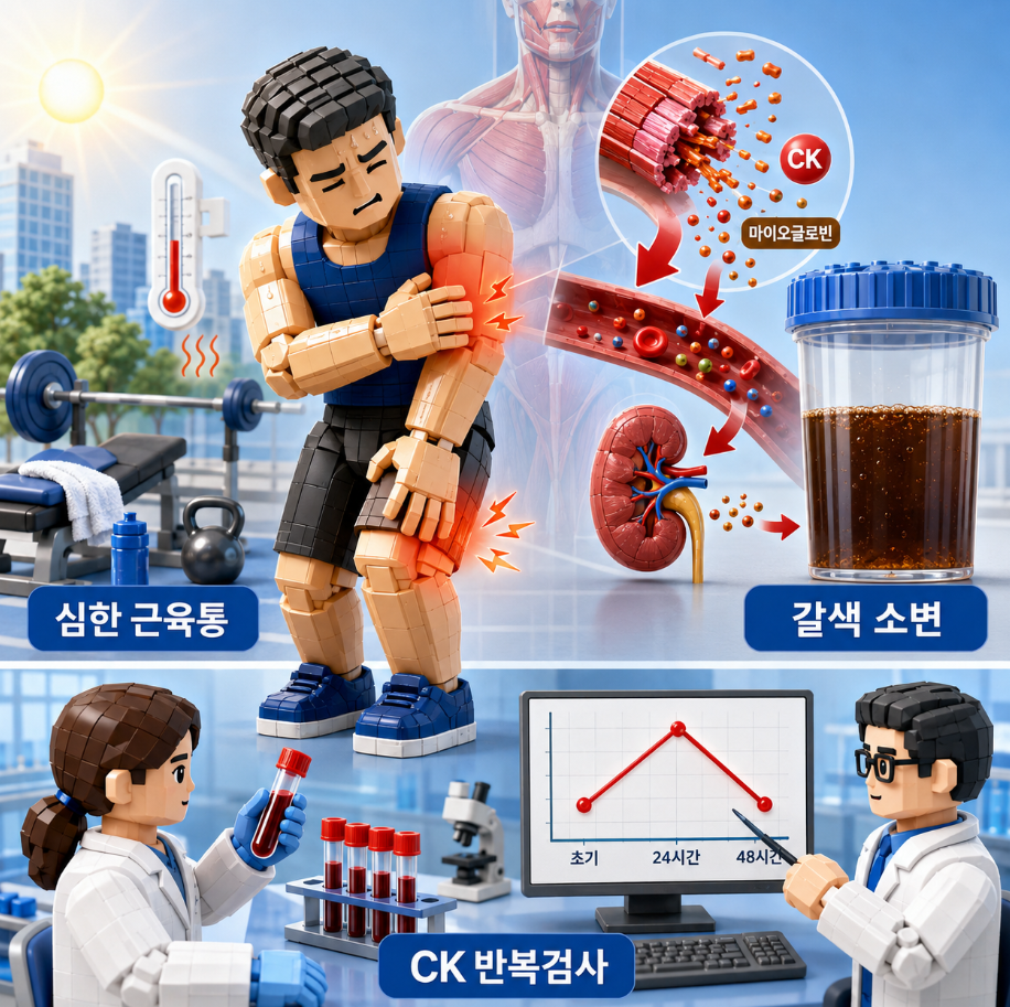 심한 근육통과 갈색 소변 뒤 횡문근융해증을 의심하고 CK 반복검사를 시행하는 의료 인포그래픽