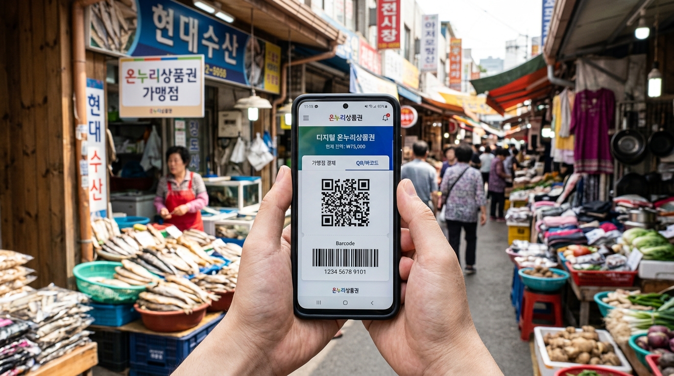 스마트폰 앱에 가맹점 결제용 QR코드가 띄워진 디지털 온누리상품권 화면.