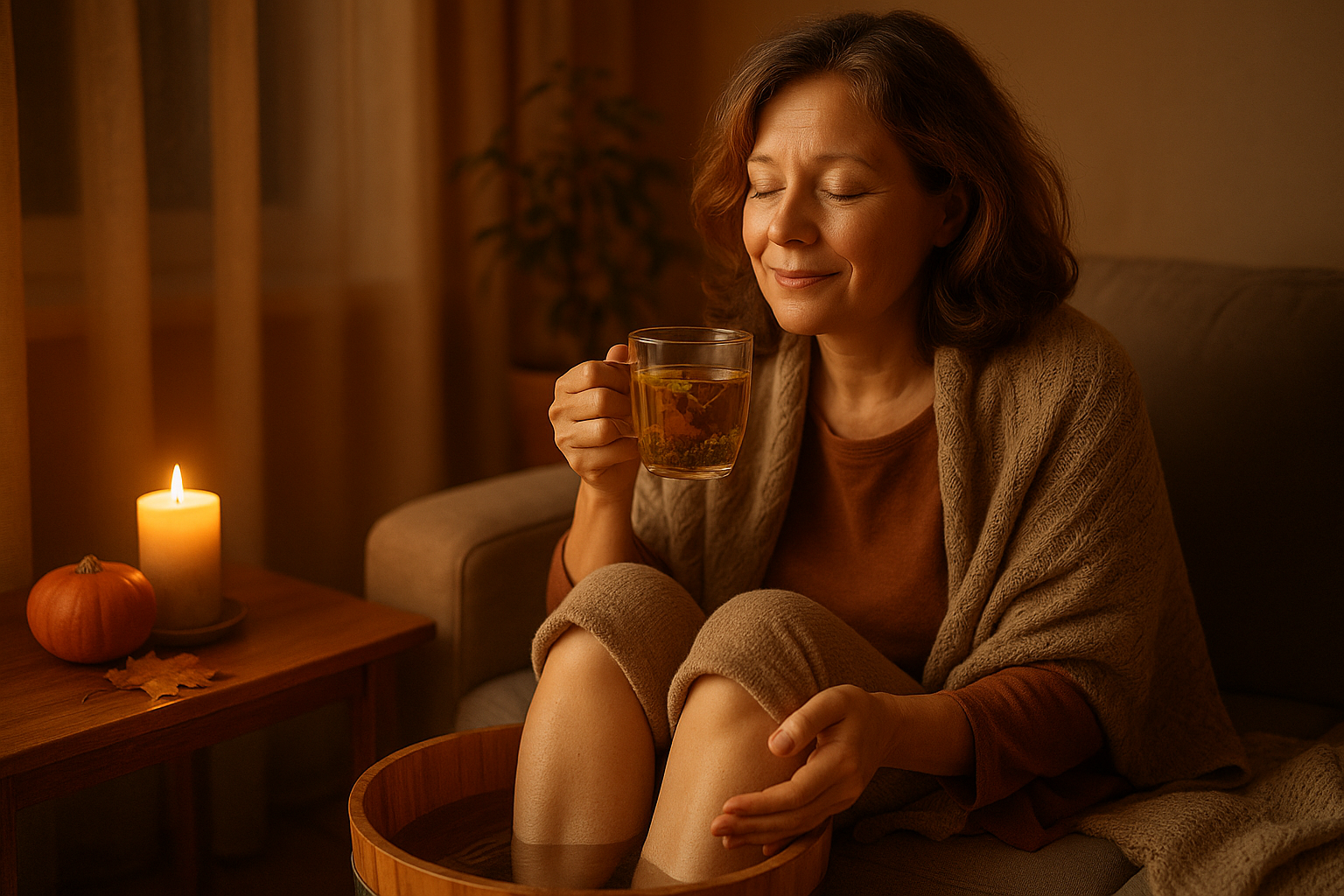 환절기에 따뜻한 차를 마시며 족욕하는 주부, 편안한 표정과 따뜻한 조명