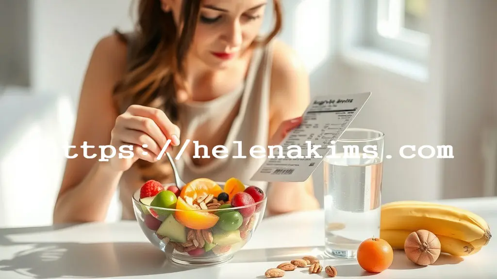 여성이 견과류와 과일의 간식을 섭취하며 성분표를 보고 있는 모습.