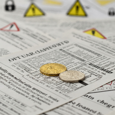 복잡한 법률 서류 더미 위에 놓인 반짝이는 코인. 배경에는 경고 표시와 자물쇠 아이콘이 희미하게 보임
