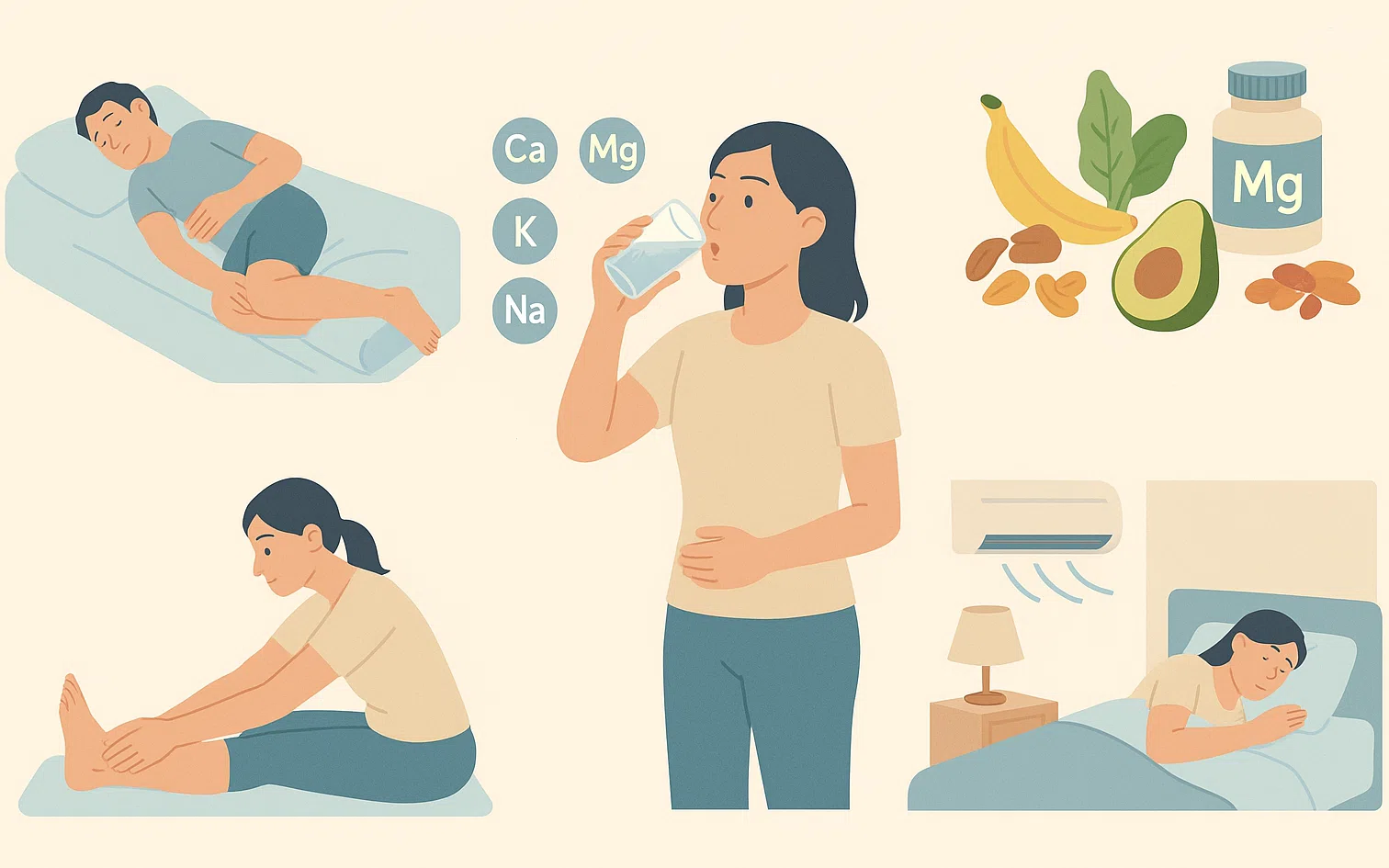 바르게 누운 수면 자세와 무릎 밑 작은 베개, 수분·전해질 보충 장면, 마그네슘이 풍부한 식품과 보충제, 잠들기 전 종아리와 발바닥 스트레칭하는 모습, 냉방 바람을 피하는 침실 환경
