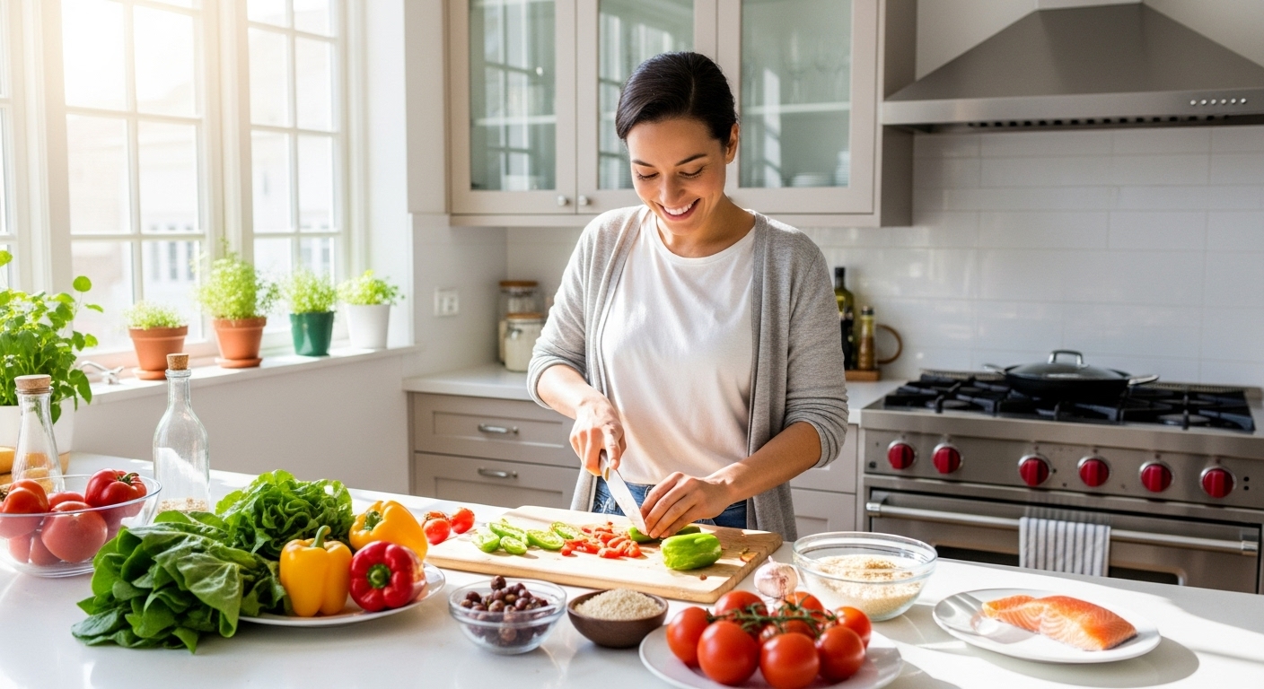 신선한 재료로 건강한 식사를 즐겁게 준비하는 사람의 모습.
