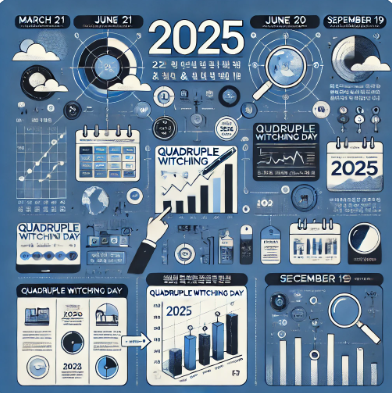 2025년 네 마녀의 날 일정과 시장 영향, 투자 전략을 요약한 한국어 인포그래픽 썸네일. Quadruple Witching Day의 정의와 분기별 일정 포함