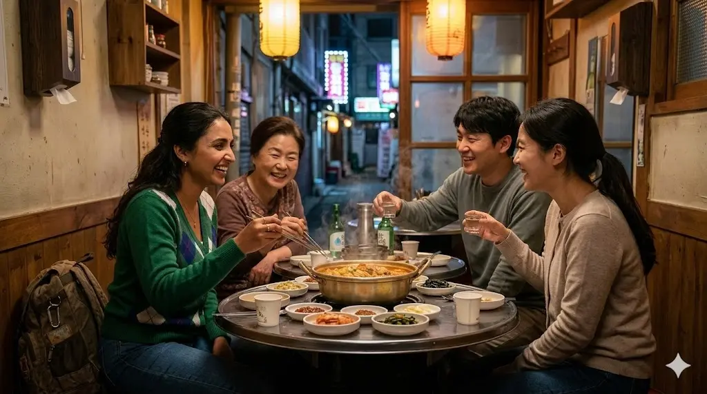 낡은 국밥집에서 주인공 셴바가 한국인 이웃들과 함께 김이 모락모락 나는 뚝배기를 나누며 활짝 웃고 있는 따뜻한 밥상 풍경 국문 묘사