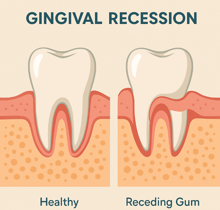 잇몸 내려앉음(치은퇴축)은 잇몸 조직이 아래로 내려가면서 치아의 뿌리 부분이 노출되는 증상