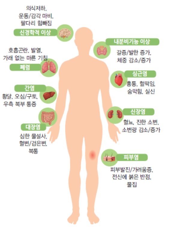 면역항암제 부작용으로 인한 장기별 의심 증상 (출처: 서울대학교병원). 출처: 항암치료 ❘ 서울대학교암병원