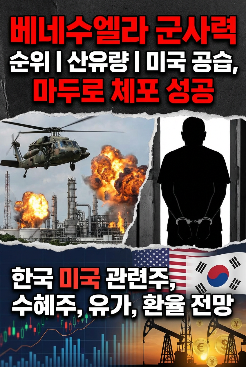 베네수엘라 委内瑞拉 군사력 순위, 산유량, 미국 공습, 마두로 maduro 체포 성공, 한국 미국 관련주, 수혜주, 유가, 환율 전망