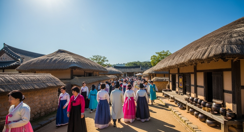 파란 하늘 아래 한복을 입고 한국민속촌의 전통 가옥 거리를 거니는 사람들