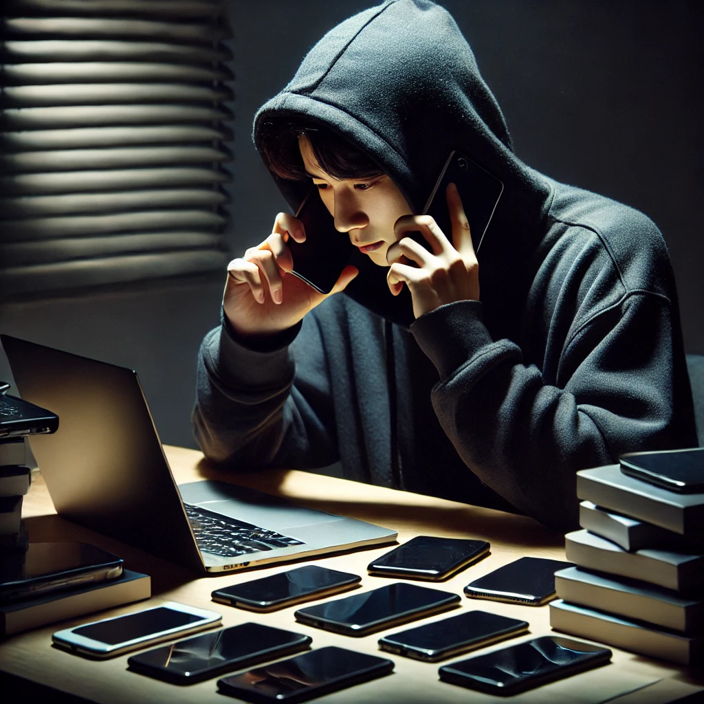 후드티를 입은 한국 남성이 어두운 방에서 여러 대의 스마트폰으로 보이스피싱 전화를 걸고 있는 장