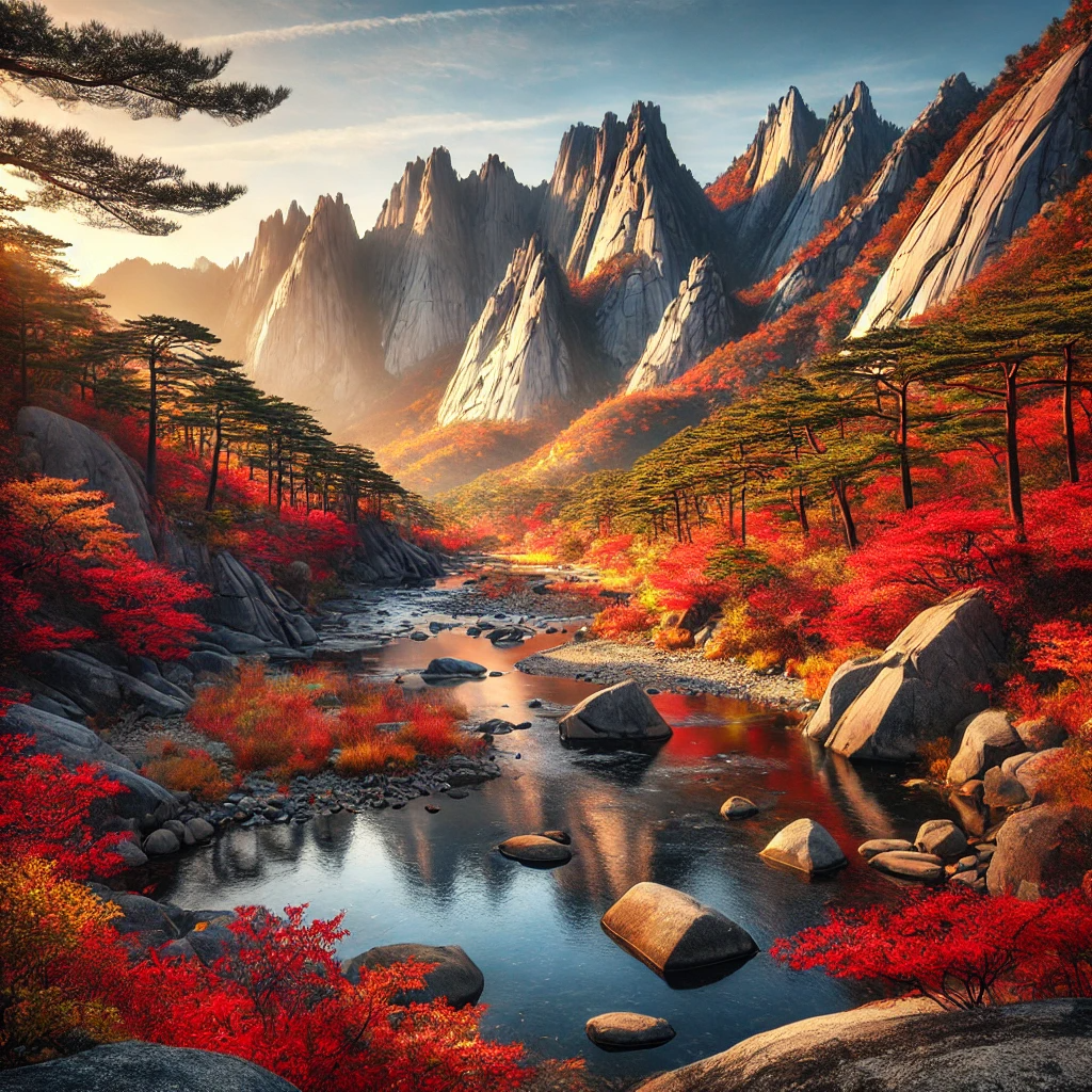 가을 단풍으로 물든 설악산의 절경&amp;#44; 선명한 바위 절벽과 맑은 하늘을 배경으로 한 아름다운 풍경.