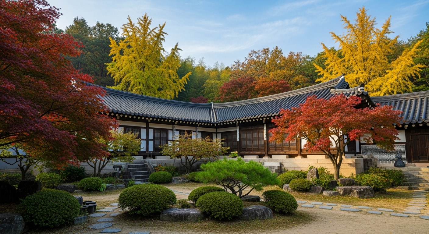 A serene exterior shot of one of the traditional Korean hanok buildings at Samcheonggak, surrounded by lush, well-maintained gardens and autumn foliage (appropriate for November 2025). The architecture is elegant and timeless, conveying peace and tradition. Soft, natural lighting illuminates the scene, emphasizing the harmony between the building and nature.