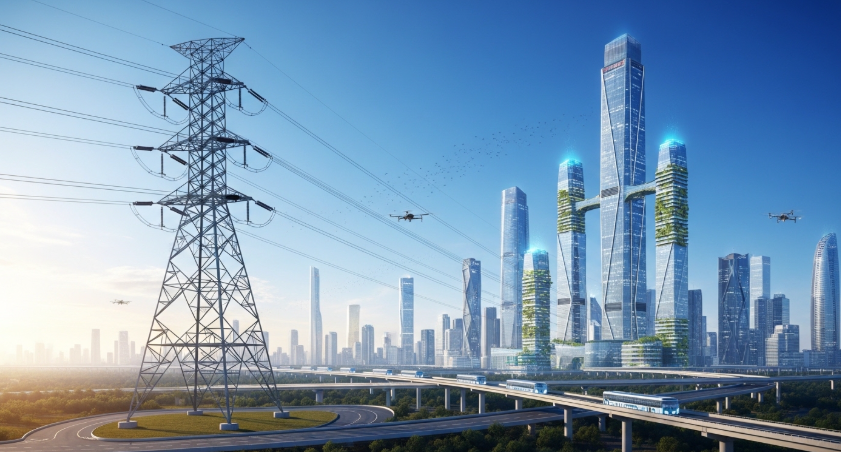 맑고 파란 하늘 아래 거대한 초고압 송전탑이 웅장하게 서 있고, 그 뒤로 AI 스마트시티가 펼쳐진 환상적인 풍경 사진