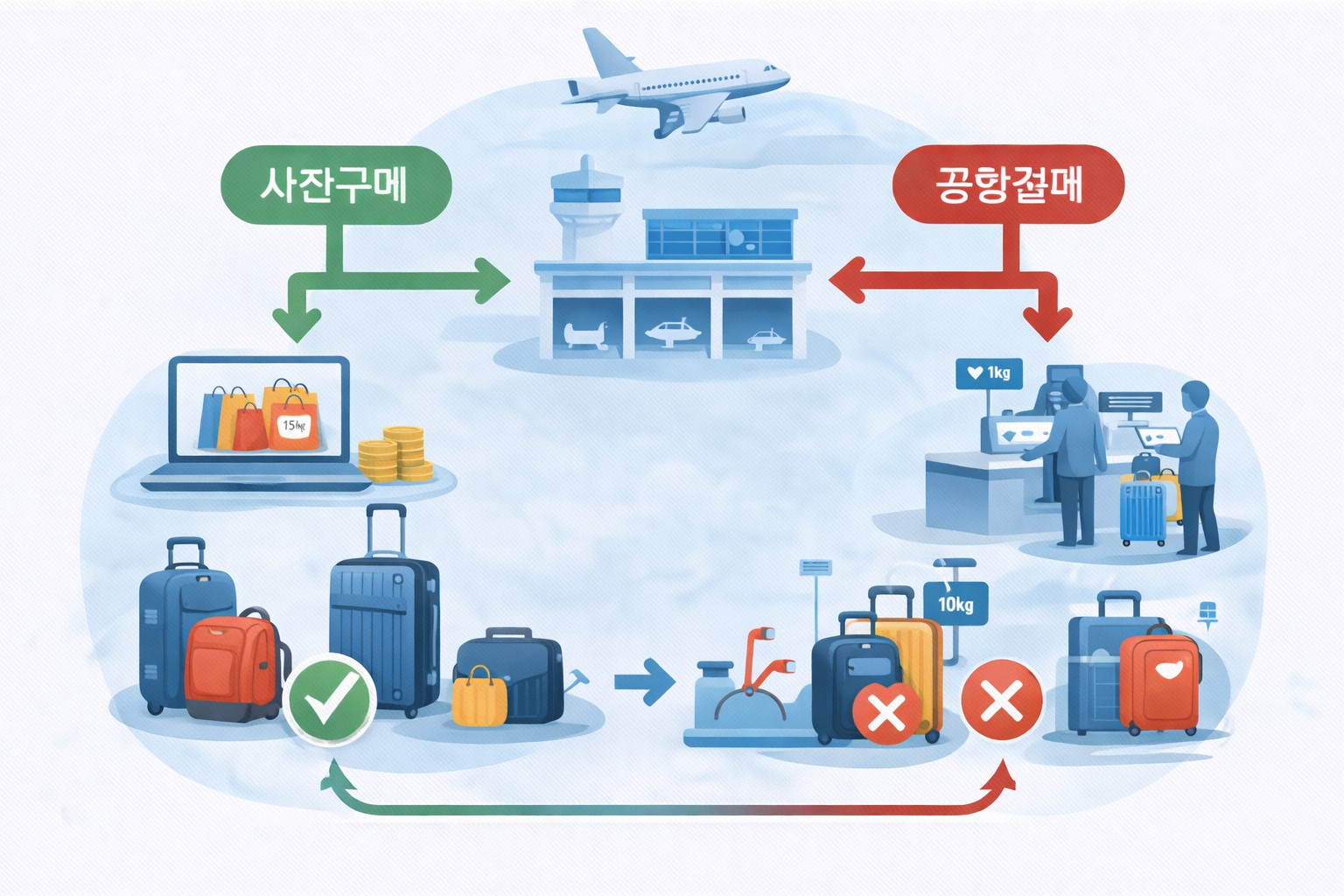 LCC 수하물 규정에서 기내 반입과 위탁, 사전구매와 공항결제로 갈리는 흐름도 요약 다이어그램